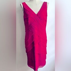 Tadashi Shoji Pink Silk Dress Sleeveless Tiered Ruffle Cocktail Midi Size 12
